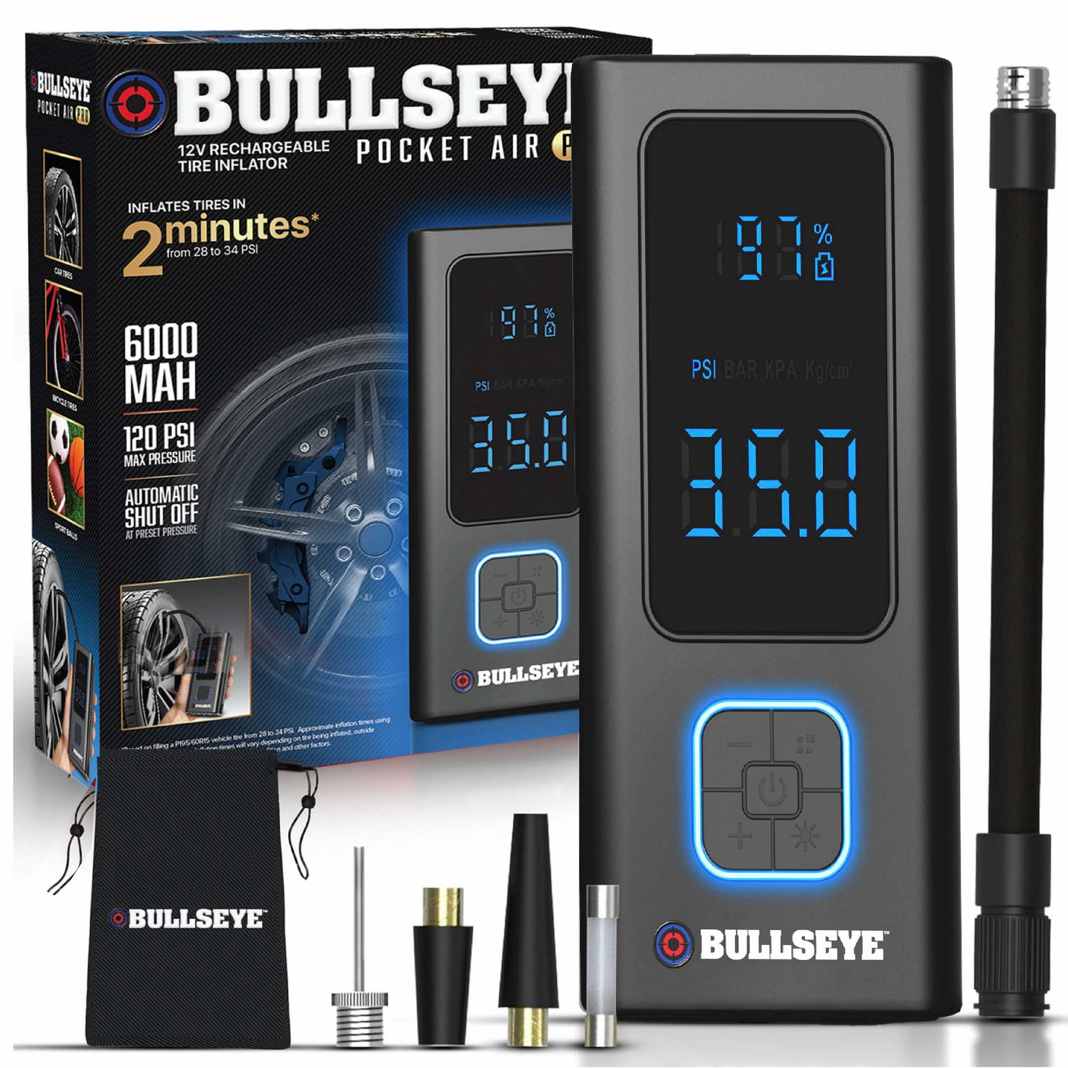 Bullseye Pocket Air Pro 12V Rechargeable Portable Tire Inflator 120 PSI 6000mAh Auto Shut Off