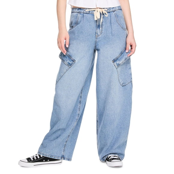 No Boundaries Women's Tie Waist Wide Leg Barrel Cargo Pant