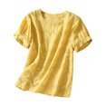 thumbnail image 1 of cfhntfmh Chemises en Lin pour Femmes Coton Mode Manches Courtes T-Shirts Ajourés Décontractés Broderie Col Rond Blouses Hauts, 1 of 3