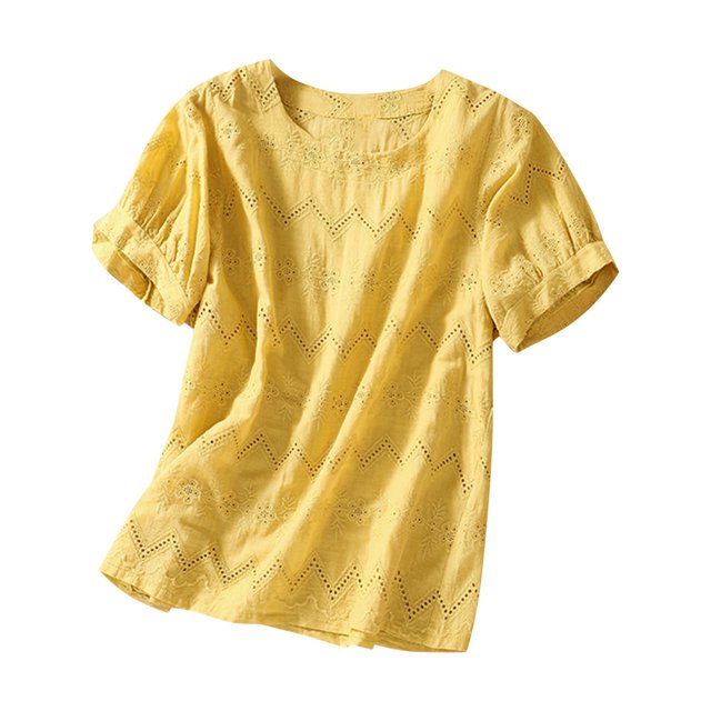 cfhntfmh Chemises en Lin pour Femmes Coton Mode Manches Courtes T-Shirts Ajourés Décontractés Broderie Col Rond Blouses Hauts