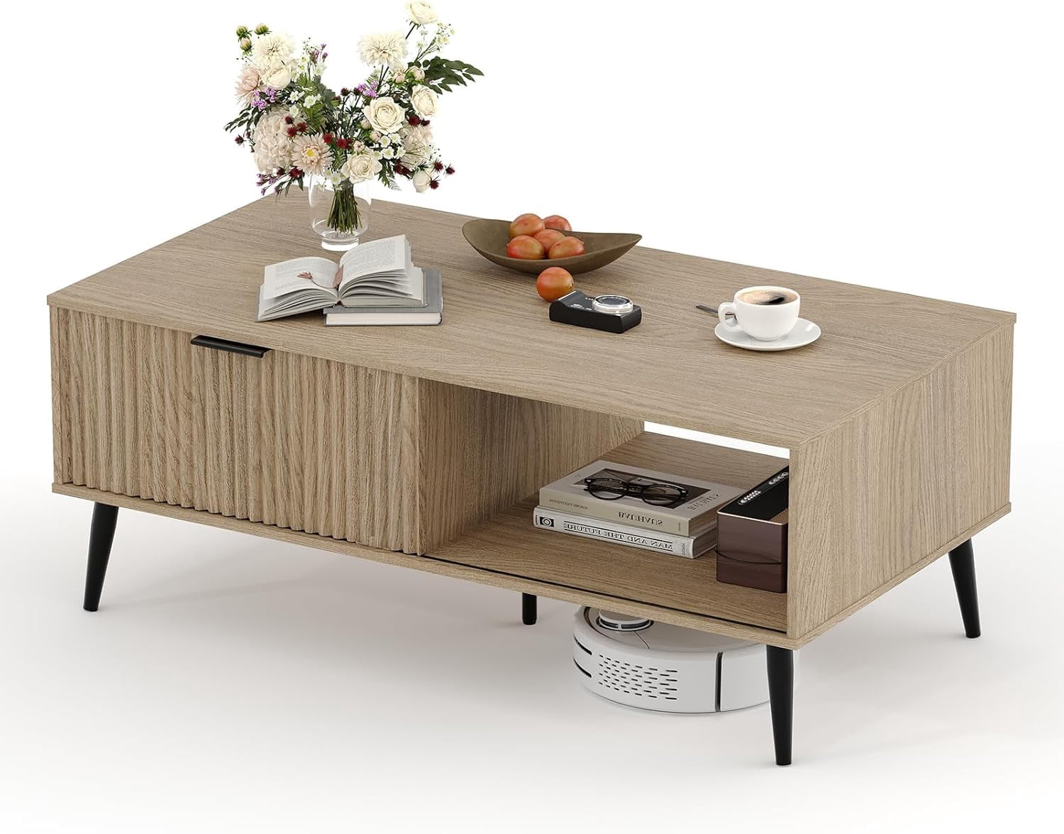 Coffee Table with Storage,41.34" Modern Tea Table with Sliding Wave Doors, 2-Tier Wooden Center Table for Living Room, Office & Outdoor Use