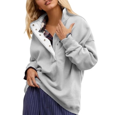 Breezora Women's Button Detail Crewneck Sweatshirt Oversized Long Sleeve Pullover Top Soft Comfortable Loungewear for All Day Wear L Size Grey
