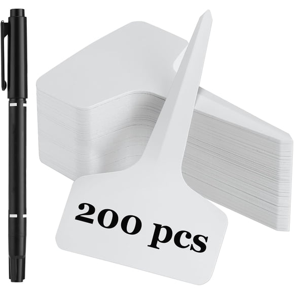 200 Pcs Plant Labels T-Shape, 4 Inch Plastic Potted Plant Name Tags, Seedlings Seed Label Markers Nursery Plant Stake Tag with Bonus Marking Pen for Outdoor Indoor Garden Patio Flower Vegetable, White