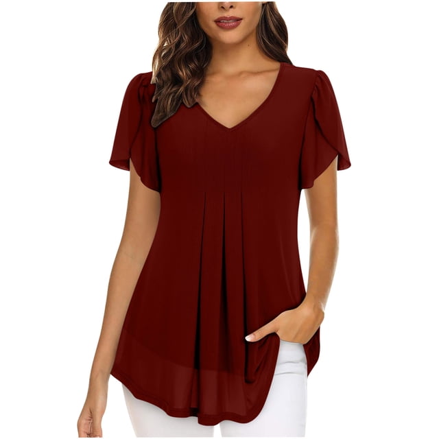 Birdeem T-Shirt à Manches Courtes en Chiffon Uni Décontracté Col en V pour Femmes