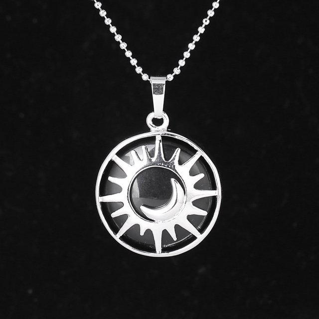 Pendant Flat Bead Natural Stone Crystal Quartz Silver Color Necklace Women Men