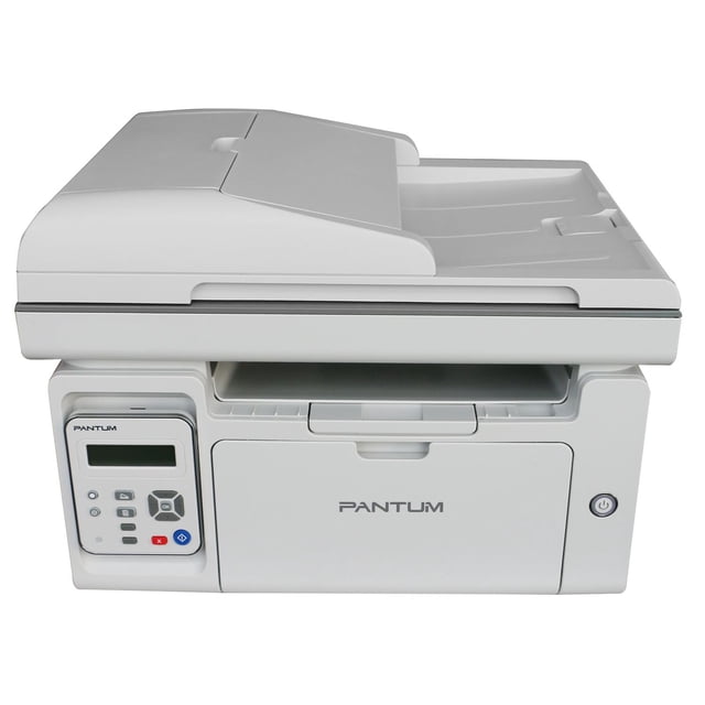 Pantum M6559NW Wireless Multifunction Monochrome Laser Printer shown in a front-left 3/4 view with a compact white body, control panel with LCD and buttons, top auto document feeder, and Pantum logo on the front, ideal for home or small office wireless printing, copying, and scanning.
