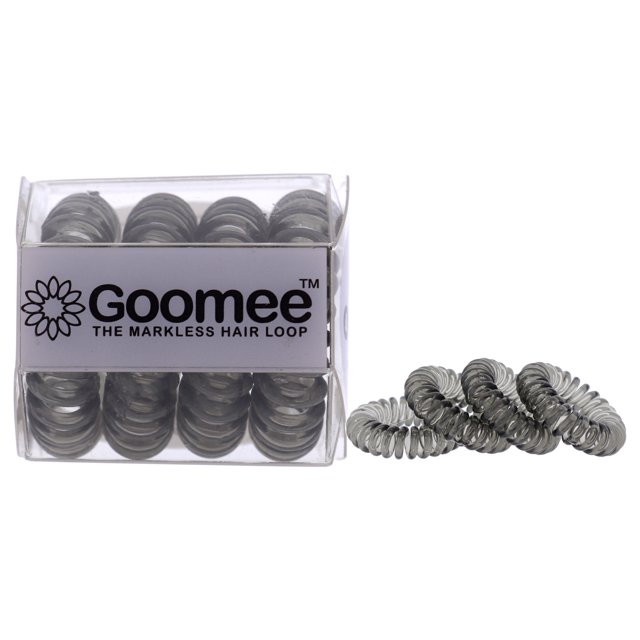 L'Ensemble de Boucles pour Cheveux Sans Marque - Charbon par Goomee pour Femmes, avec Quatre Élastiques à Cheveux Gris en Spirale Affichés à Côté d'Une Boîte Transparente avec le logo Goomee. Conçu pour une Forte Adhérence, Sans Casse, Sans Marques, Résistant à l'Eau et Idéal pour les Modes de Vie Actifs.