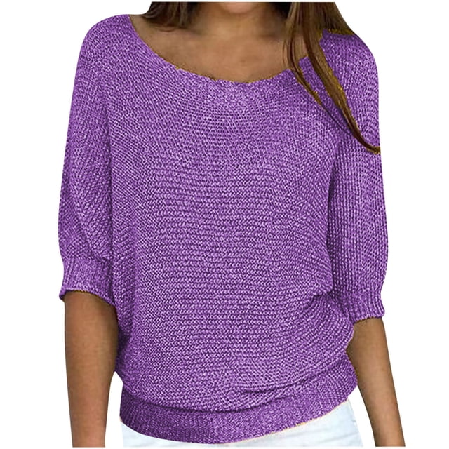 Mrat Robe Chandail pour Femmes Col Rond Chandails Tricotés Chandail Court Épais Surdimensionné Chandail Confortable pour Femmes Manches 3/4 Chemise Chandail Violet 5TG