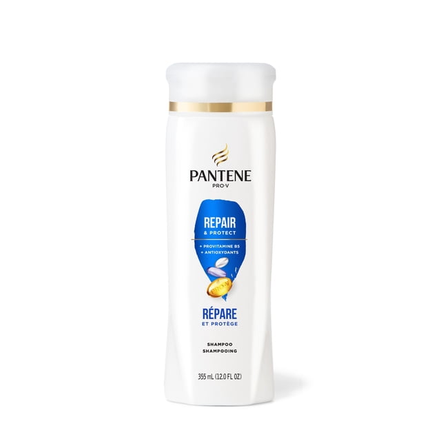Pantene Repair & Protect 2x Breakage Protection Shampoo in a white 355 mL bottle with gold trim, featuring Pro-Vitamins B5 and antioxidants to strengthen and repair hair, labeled in English and French.