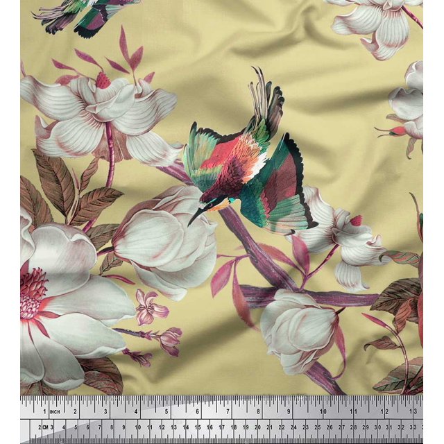 Soimoi Beige Poly Georgette Fabric Floral & Bird Print Fabric by the Yard 42 Inch Wide