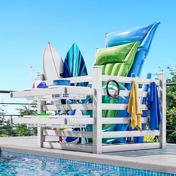 DEXTRUS Coffre de Terrasse au Bord de la Piscine 64 X 47 X 39 Po, Rangement Extérieur Étanche avec 6 Crochets Mobiles, Blanc