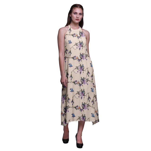 Bimba Robe Décontractée Oiseau Longue Dos Nu à Col Licou pour Femme Robe de Plage Imprimée - XX-Grand
