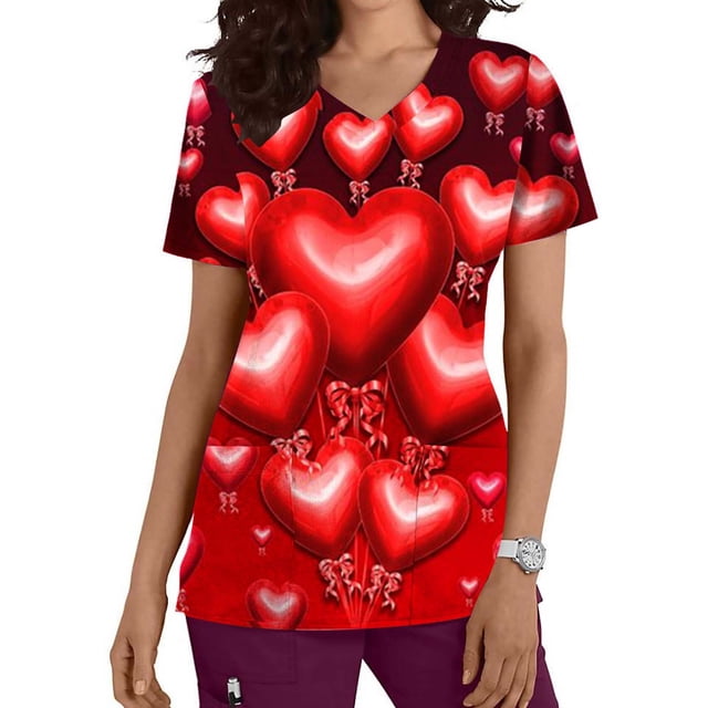 TIMIFIS Haut de Sarrau Rouge Femme Imprimé Manches Courtes Col en V Hauts Uniforme Saint-Valentin Imprimé Poches Blouse Soins Infirmiers avec Poches-Rouge Imprimé