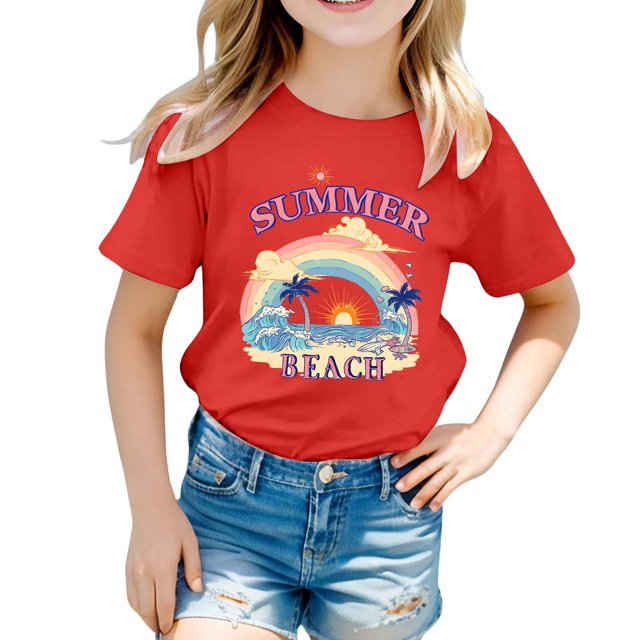 Zhuashum T-Shirts Fille Manches Courtes Haut Lettrage Graphique Coupe Ample Col Rond T-Shirt pour Enfants Adorable Ado Vêtements de Printemps Rouge 10-11 Ans