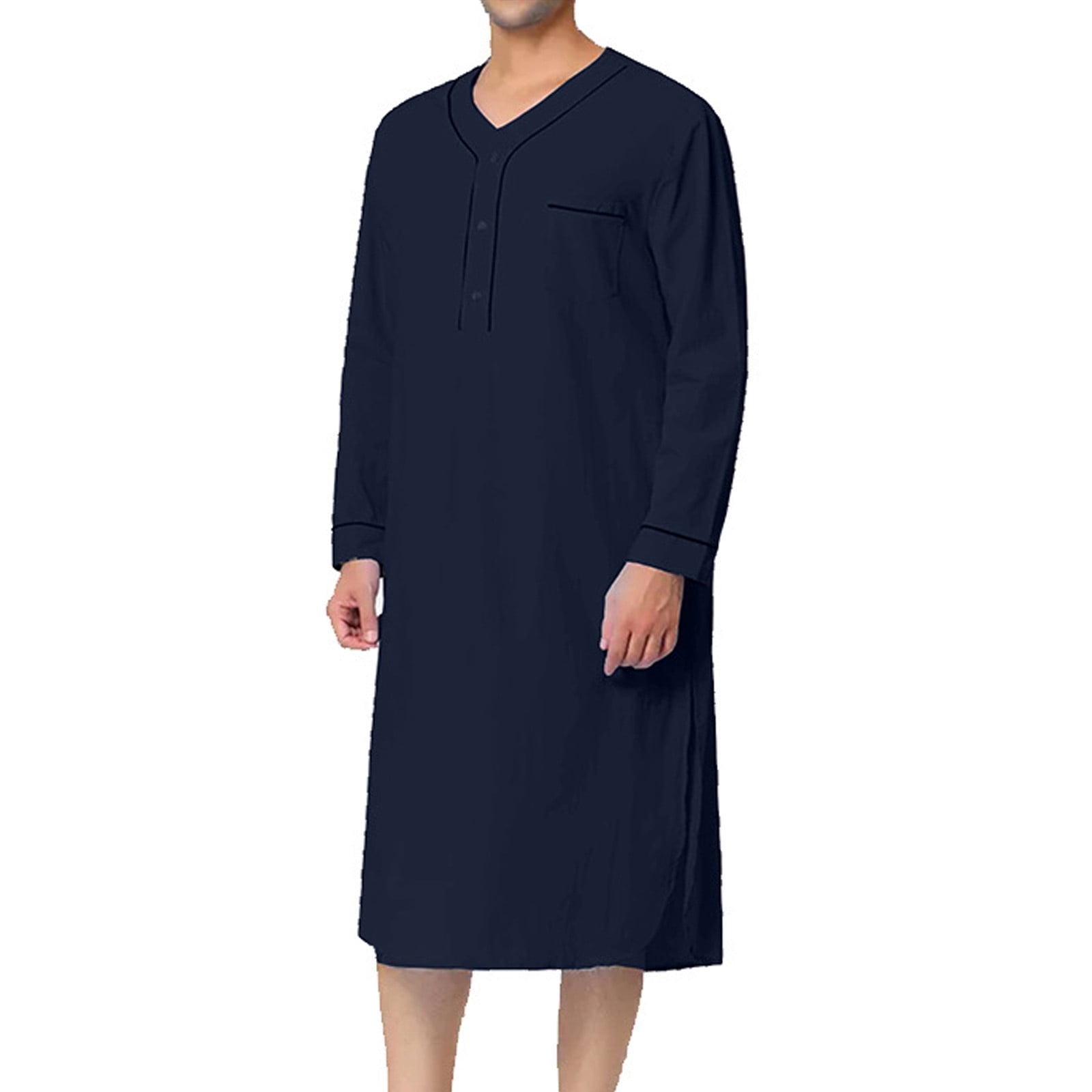 PEZHADA Mens Robe Men Muslim Gown Medium Long Sleeve Standing Neck Button Home Suit Comfortable Loose Sleeping Dress Gown Blue