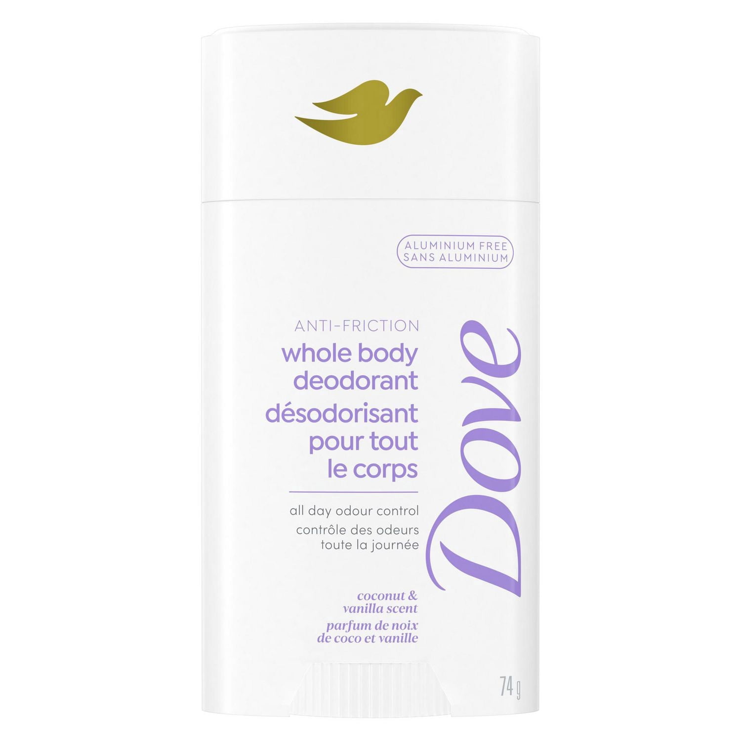 Déodorant corporel sans aluminium Bâton Anti-Friction, Dove parfum noix de coco et vanille, 72 heures de protection anti-odeurs