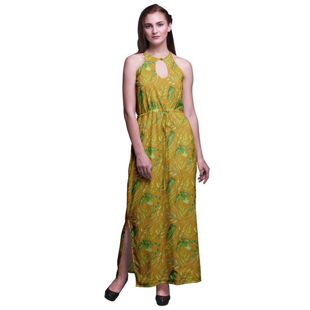 Bimba Robe Longue de Soirée pour Femmes à Imprimé, Col Rond, Fentes Latérales, Dos Nu - Très Petit