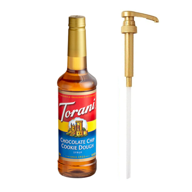 Torani Chocolate Chip Cookie Dough Flavoring Syrup in a 750 mL plastic bottle, paired with a gold-colored bonus squeeze pump. The bottle features a colorful label with red, yellow, and blue accents, highlighting the Torani logo and product name. Perfect for adding a cookie dough flavor to coffee, desserts, and recipes.