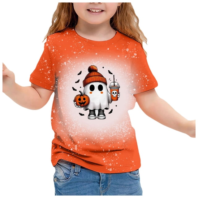 GDREDA Mignon Halloween T-Shirt à Manches Courtes Imprimé pour Filles Haut Décontracté à Col Rond pour les Festivités d'Automne Or, 3-4 Ans