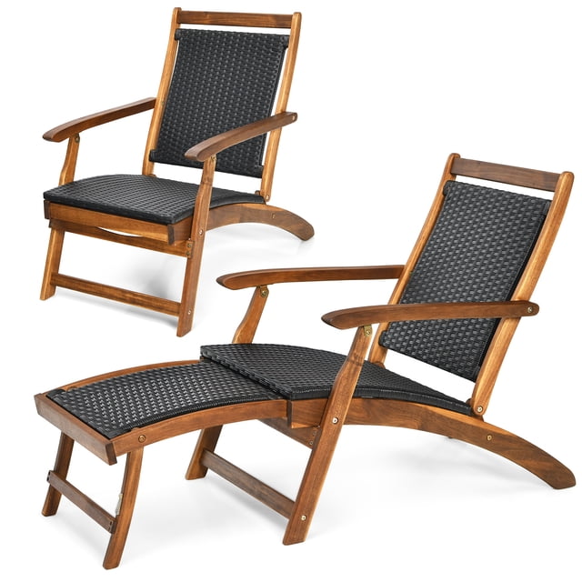 Patiojoy 2PCS Patio Folding Rattan Chaise Lounge Chair with acacia wooden frame and retractable footrest. Features a mix brown PE rattan seat and backrest, reddish-brown acacia wood frame, and ergonomic design for comfort. The foldable design allows for easy storage and portability, suitable for poolside, patio, garden, and beach. Weight capacity of 360 lbs and dimensions of 24 x 51.5 x 32.5 inches when open.