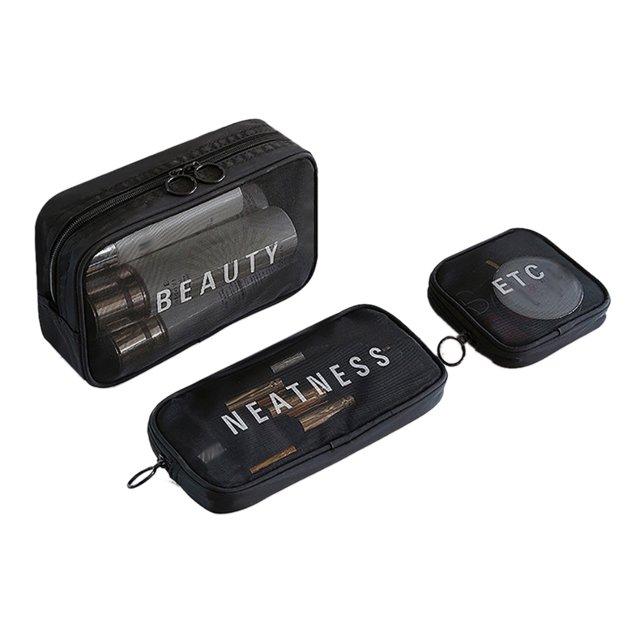 Makeup Pouch Multi-purpose Cosmetic Bag Toiletry Pouch Clutch Wallet for Women in black polyester material. The set includes three sizes: small (11x2x11cm), medium (22x2x11cm), and large (22x7x14cm). Each bag features a transparent mesh design with printed text such as 'BEAUTY,' 'NEATNESS,' and 'ETC.' Ideal for organizing makeup items like lipstick, powder, and nail polish, and suitable for travel, gym, or daily use. Compact and portable, these bags can fit into handbags or backpacks.
