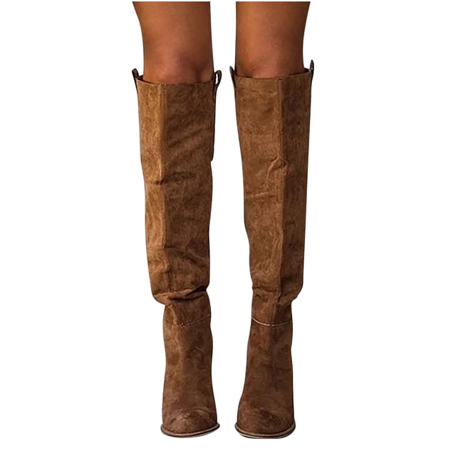 Jovati Fashion Women Autumn Long Tube Thick Heel Shoes Boots, featuring knee-length design with a round toe and an 8cm thick heel. Made from skin-friendly PU material, these boots are lightweight, durable, and flexible. The solid brown color and casual style make them suitable for autumn and winter wear. Designed for comfort with even pressure distribution and posture correction. Shown in a front-facing view, worn by a model.