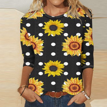 Xihbxyly Hauts Décontractés for Women T-Shirt Imprimé Tournesol 3/4 Sleeve Col Rond pour Femmes