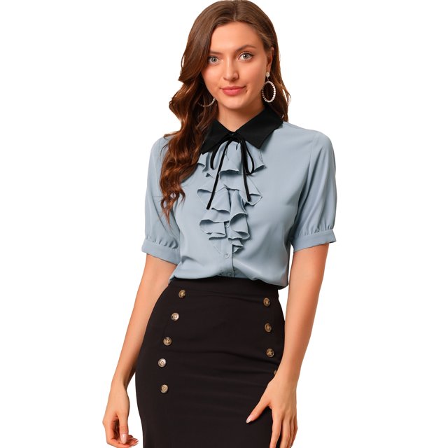 INSPIRE CHIC Chemise de Travail pour Femme à Col Contrastant, à Nouer, à Volants sur le devant, à Boutons, à Manches Courtes