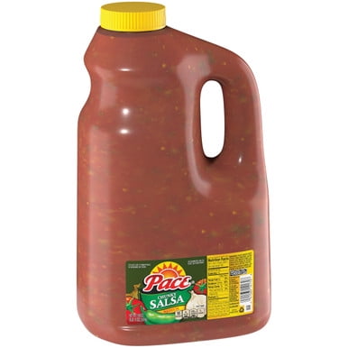 PACE Salsa Moyen Épais et Volumineux dans un Contenant de 3,7 L en Plastique Refermable d'Un gallon avec un Bouchon Jaune. la Pichet Présente une Étiquette Vibrante Affichant le logo PACE, le Nom du Produit et des Informations Nutritionnelles. la Salsa Est un Mélange Copieux de Tomates, de Piments Jalapeños Frais, d'Oignons et d'Ail, Idéal pour une Trempette, une Garniture Ou comme Ingrédient de Recette. Positionné sur un Fond Blanc Uni.