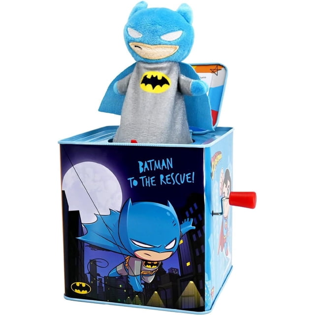 Kids Preferred DC Comics Batman Jouet musical Jack in The Box avec une Figurine en Peluche Batman au Masque Bleu et une cape Qui Sortent d'Une Boîte Métallique Colorée Mettant en Vedette Batman et Superman, une Manivelle Rouge sur le Côté, Idéal pour le Jeu Interactif pour Bébé.