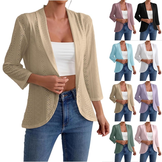 Frostluinai Womens Cardigans 3/4 Sleeve Hollow Out Eyelet Cardigans in a lightweight, open-front design. The main image shows a beige cardigan with a flowing silhouette, paired with a white tank top and jeans. Additional images display the cardigan in various colours, including black, white, lavender, green, and pink. Made from a breathable polyester-spandex blend, this cardigan features a draped ruffle hem and is suitable for layering over casual or formal outfits. Ideal for spring, summer, and fall wear.