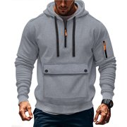 aohooy Cargo Hoodie Men Oversized Quarter Zip Pullover Tactical Hoodies Outdoor Drawstring Sweatshirts with Big Pockets Gray,XL