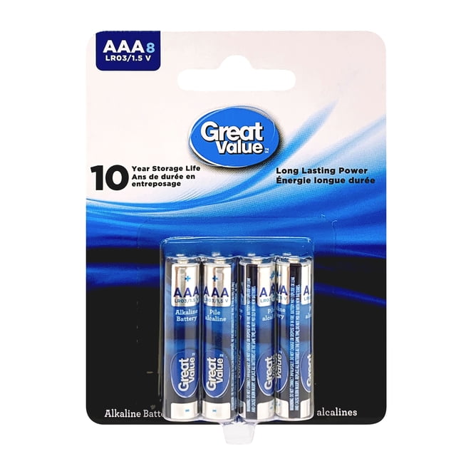 Great Value AAA LRO3/1.5 V Alkaline Batteries 8-Pack with 10-year storage life, featuring blue and silver alkaline batteries in blister packaging, suitable for powering everyday devices like toys, remotes, and flashlights with reliable long-lasting energy.