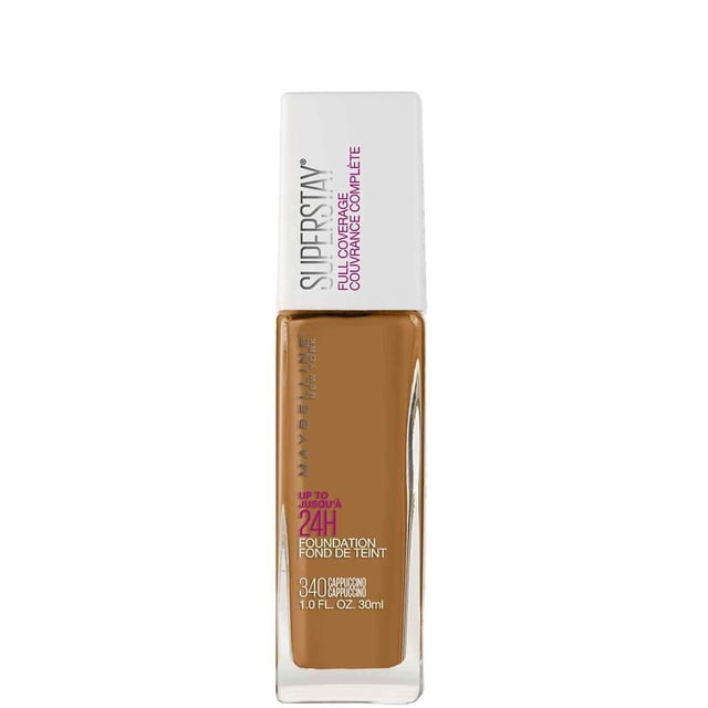 Maybelline New York Super Stay® Full Coverage Foundation in 340 Cappuccino shade, 30 ml clear glass bottle with white cap, providing up to 24-hour wear and full coverage for a flawless, long-lasting makeup finish.