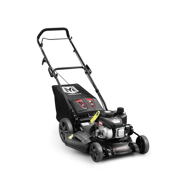 Yard Machines 20"140cc Push Mower with black metal frame and ergonomic handle, featuring a 140cc Powermore OHV engine, 20-inch cutting deck, manual height adjuster for three mowing heights, and durable 7-inch wheels, designed for small to medium residential lawns.