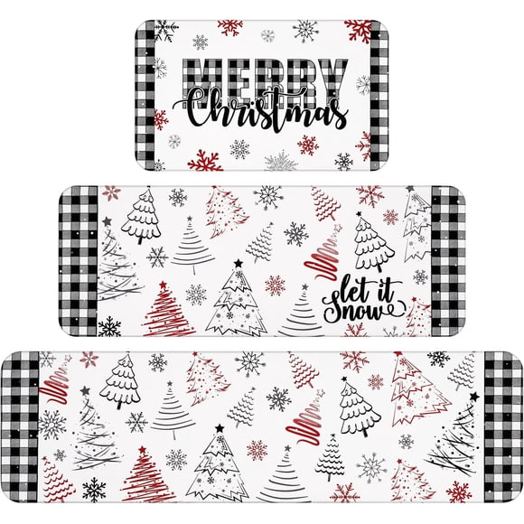 Christmas Kitchen Rugs Set of 3, Christmas Tree Kitchen Mats for Floor Xmas Snowflake Anti Fatigue Christmas Rug, Washable Floor Mat for Christmas Decor, 18" x 30" + 18" x 48" + 18" x 60"