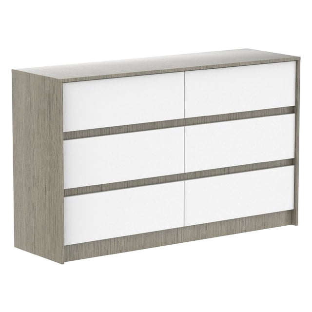 Boobeyeh Commode double alex avec six Tiroirs Spacieux, avec une Finition Grise et Blanche. la Commode Mesure 56 Pouces de Longueur, 18 Pouces de Largeur et 35 Pouces de Hauteur, la Rendant Adaptée aux Chambres Compactes Ou Spacieuses. Conçue pour les Chambres d'Enfants Ou les Garderies, Elle Offre des Tiroirs à Glissement Fluide pour un Accès et une Organisation Faciles des Vêtements, des Accessoires et des Essentiels.