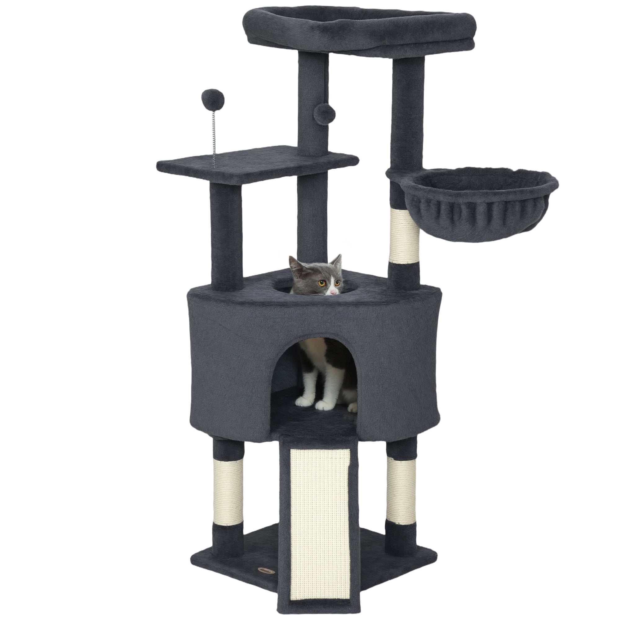 PawHut 47 Inch Cat Tree Tower with Large Cozy Condo, Hammock, Dark Grey