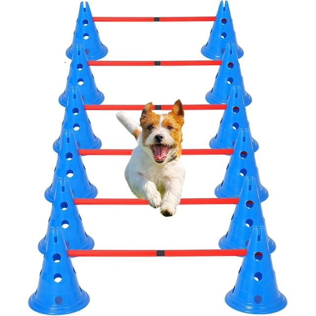 Yiwa Dog Agility Hurdle Cone Set, Dog Agility Training Equipment with 12 Agility Cones 6 Agility Rods 2 Rod Buckles, Dog Agility Course Set Puppy Obstacle Course Jump with Storage Bag for Outdoor