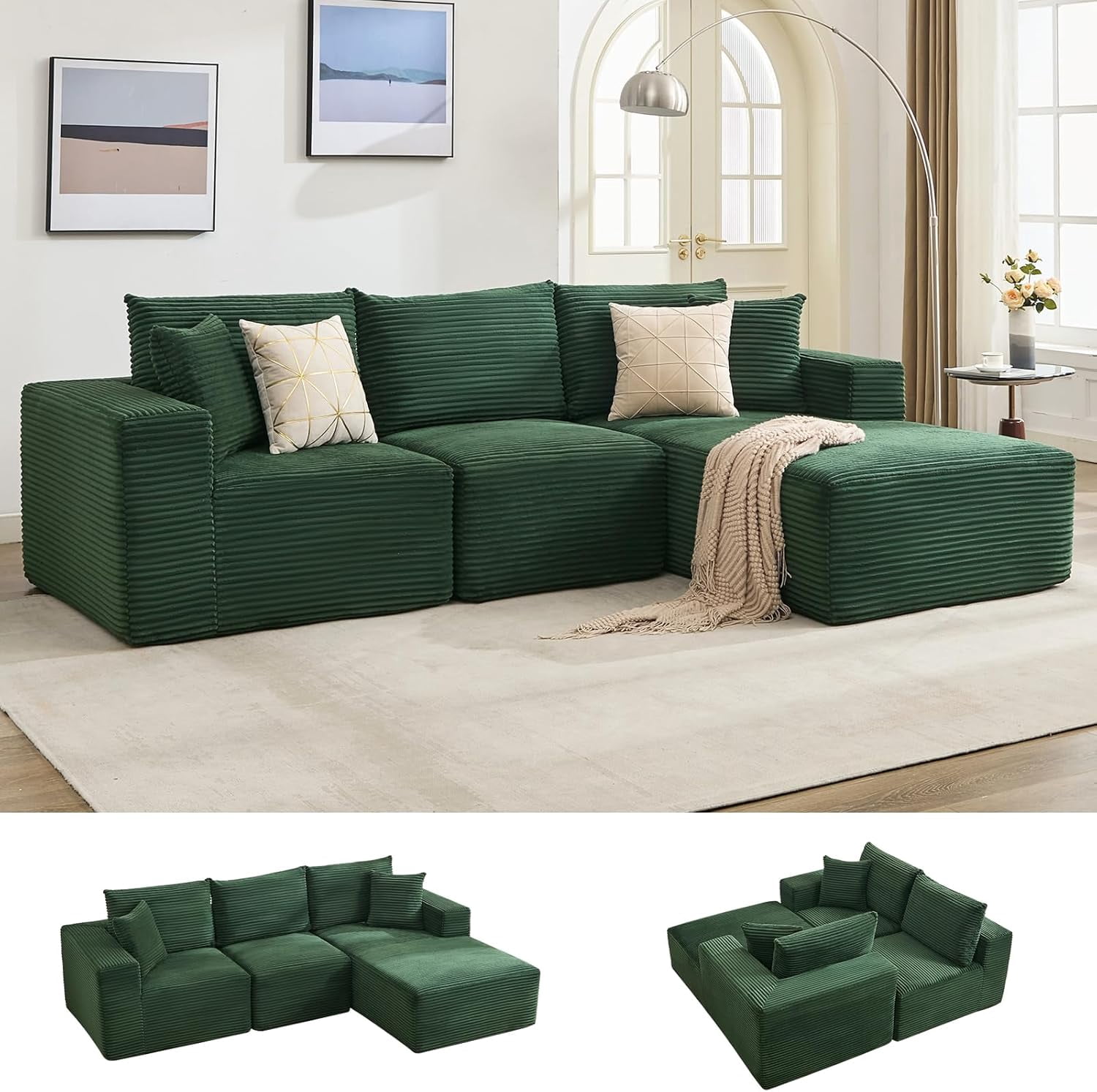 108 in Modular Sectional Sofa, Corduroy L-Shaped Sofa with Deep Seat & Throw Pillows, No Assembly, Comfy Cloud 3-Seater Couch with Chaise, Memory Foam Couch for Living Room, Green