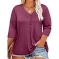 thumbnail image 2 of Plebaso Womens Plus Size Tops 3/4 Sleeve V Neck Casual T Shirts Loose Solid Color Button down Blouses Tees, 2 of 7