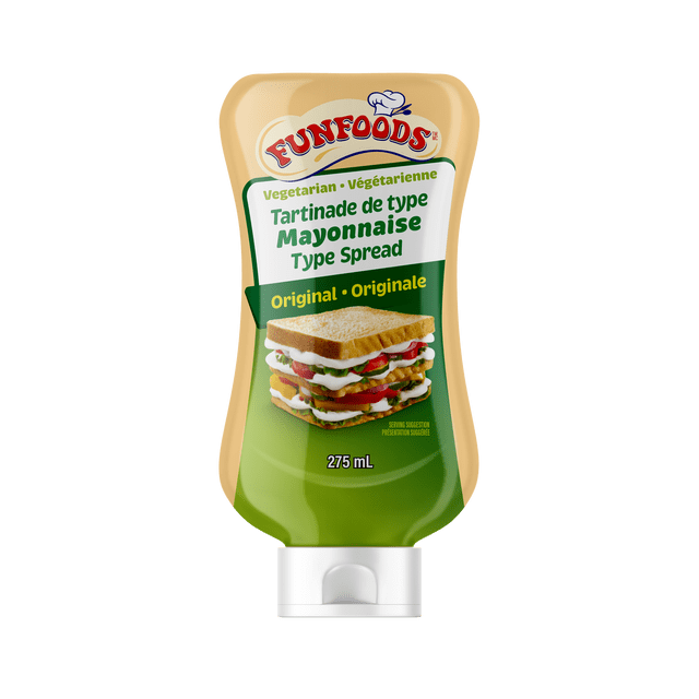 Dr. Oetker FunFoods Tartinade de Type Mayonnaise Végétarienne Originale dans une Bouteille Compressible de 275 ml avec Étiquette beige et Verte Présentant une image de sandwich, une texture Lisse et Crémeuse, Sans Oeufs, Sans Gras trans et un condiment Sans Gluten, Convient aux sandwiches, Trempettes et Vinaigrettes.