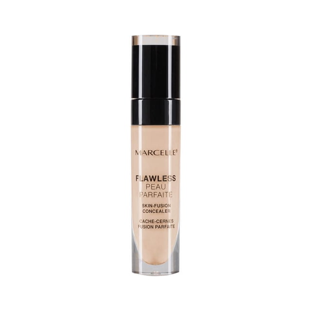 Marcelle Flawless Cache-Cernes à Fusion de Peau en Bouteille Cylindrique Transparente avec Bouchon à Pompe Noir, Conçu pour Camoufler Instantanément les Cernes, Rougeurs et imperfections, Hypoallergénique et Testé par des Dermatologues pour Peau Sensible, Souvent Utilisé pour Illuminer les Zones sous les Yeux.