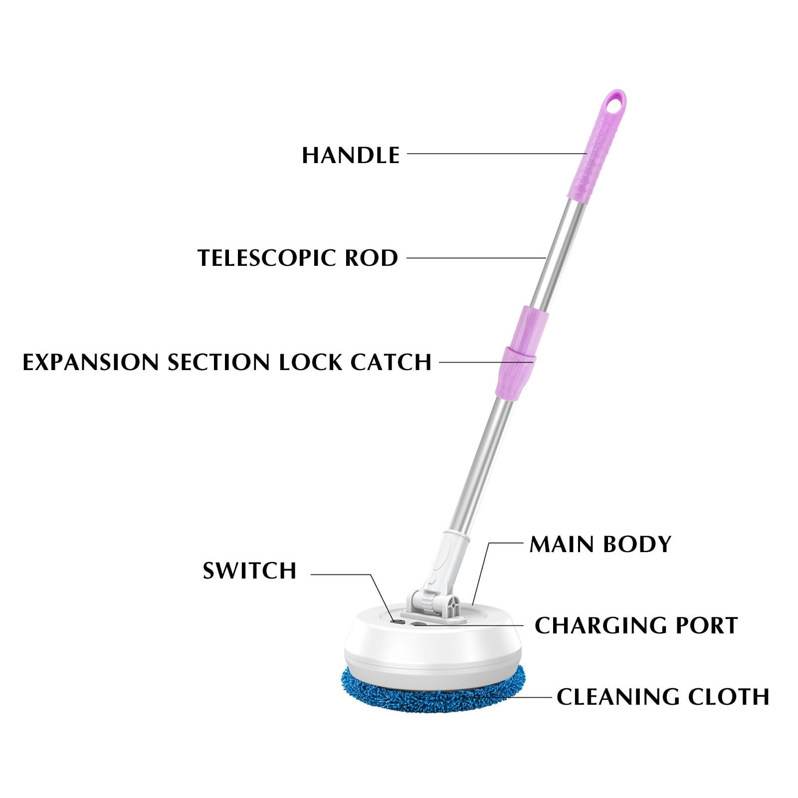Wireless Rotating Floor Mop Cleaner, Automatic Glass Wiping Mop with Scrubbing Pads, 180° Head, USB Rechargeable, 90 Min, 1380 x 170 x 100 mm