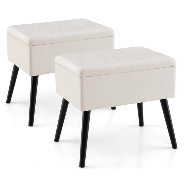 Costway Lot de 2 Tabourets de Coiffeuse en Velours avec Rangement, Pieds en Bois Massif, Dessus Relevable, Beige