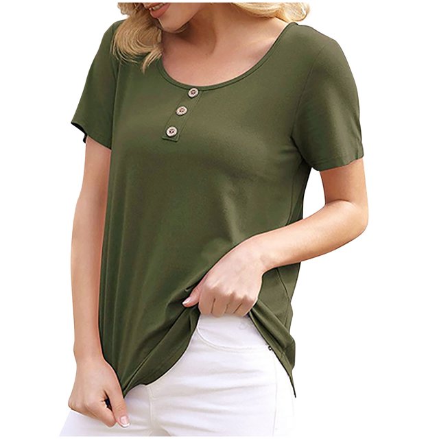 Birdeem T-Shirt à Boutons pour Femmes, Décontracté, Ample, Uni, Col Ras du Cou, Manches Courtes