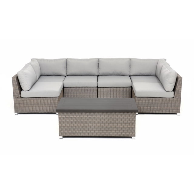 Chambers Bay Collection 7.2 Ensemble Modulaire de conversation pour Terrasse Extérieure en Gris, Osier en Résine PE Haute Densité avec Cadre en Aluminium Enduit de Poudre, Comprenant des Coussins Épais en Oléfine Grise et une table Basse Rectangulaire Assortie avec Dessus à Lattes, Convient aux Sièges et Réceptions Extérieurs Stylés.