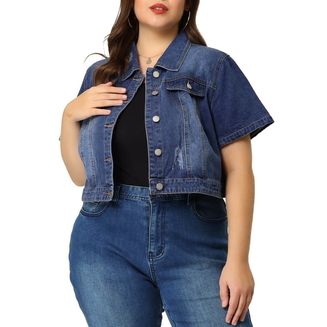 Agnes Orinda Women's Plus Size School College Denim Jacket Short Sleeves Button Down Cropped Jean Jackets L Blue