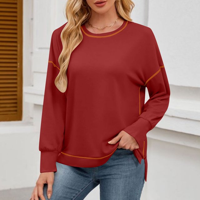 TACILIP Chandails à Col Rond pour Femmes, Hauts à Enfiler, Chemises à Manches Longues, Fente Latérale, Tenues Décontractées d'Hiver et d'Automne