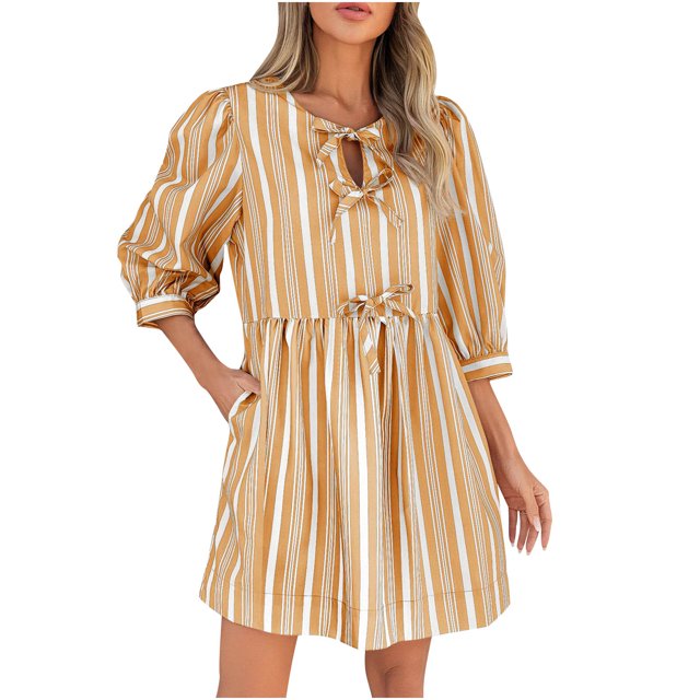 Ovzne Robes pour Femmes 2025 Robe de Plage Robe Mini pour Femmes à Manches 3/4 Été Décontractée avec Nœud Col Ras du Cou Rayée Ample Fluide Robes de Plage Grande Taille Robe Maxi Liquidation
